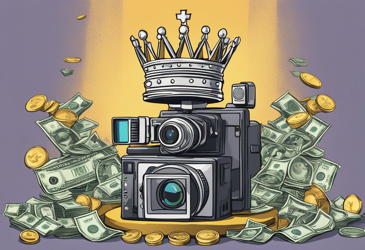 A crown sits atop a throne, surrounded by piles of money and video cameras. The words "Content is King" are emblazoned on a banner above