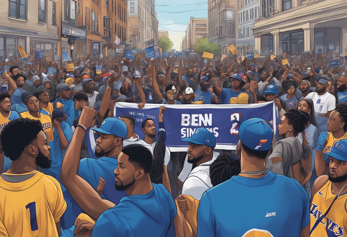 The streets of Philadelphia are filled with unrest and tension as people debate the fate of Ben Simmons. Signs and banners are held high, expressing both support and frustration