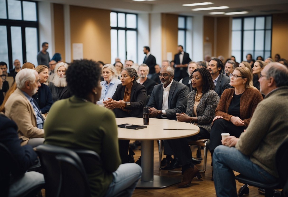 A diverse group of citizens engage in discussions and debates at the Centre interministériel de la participation citoyenne (CIPC), showcasing active participation in public decision-making