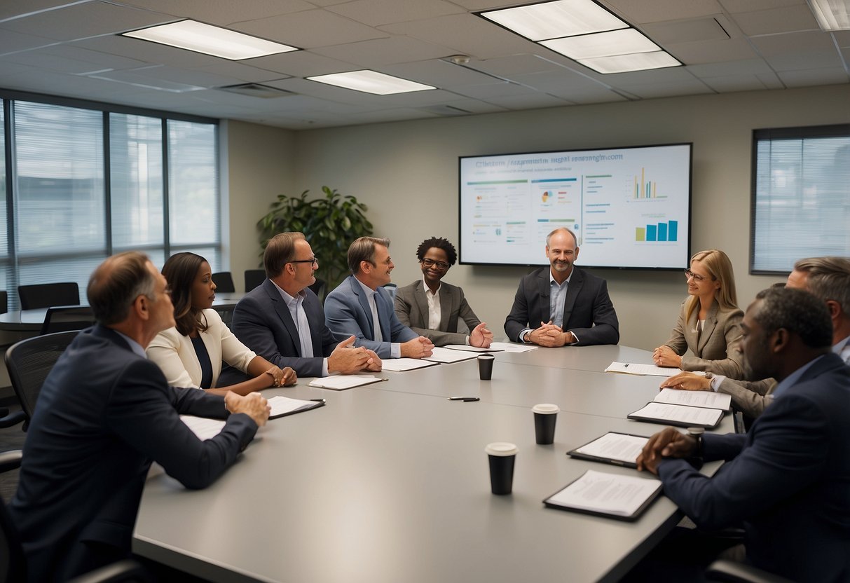 A group of government officials and community members gather in a meeting room, discussing and collaborating on citizen engagement initiatives. Tables are filled with documents and laptops, while a large whiteboard displays brainstormed ideas