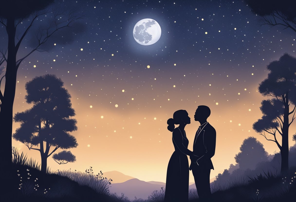 Charles and Alyssa embrace under a starry night sky, their silhouettes cast against a glowing moon. Their laughter fills the air as they share a tender moment