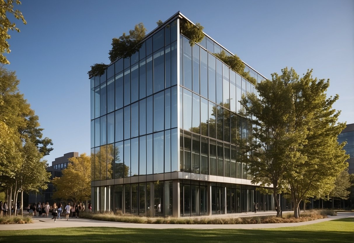 The CIPC building stands tall, with sleek modern architecture and large windows reflecting the surrounding greenery. A diverse group of people gather outside, engaged in lively discussions