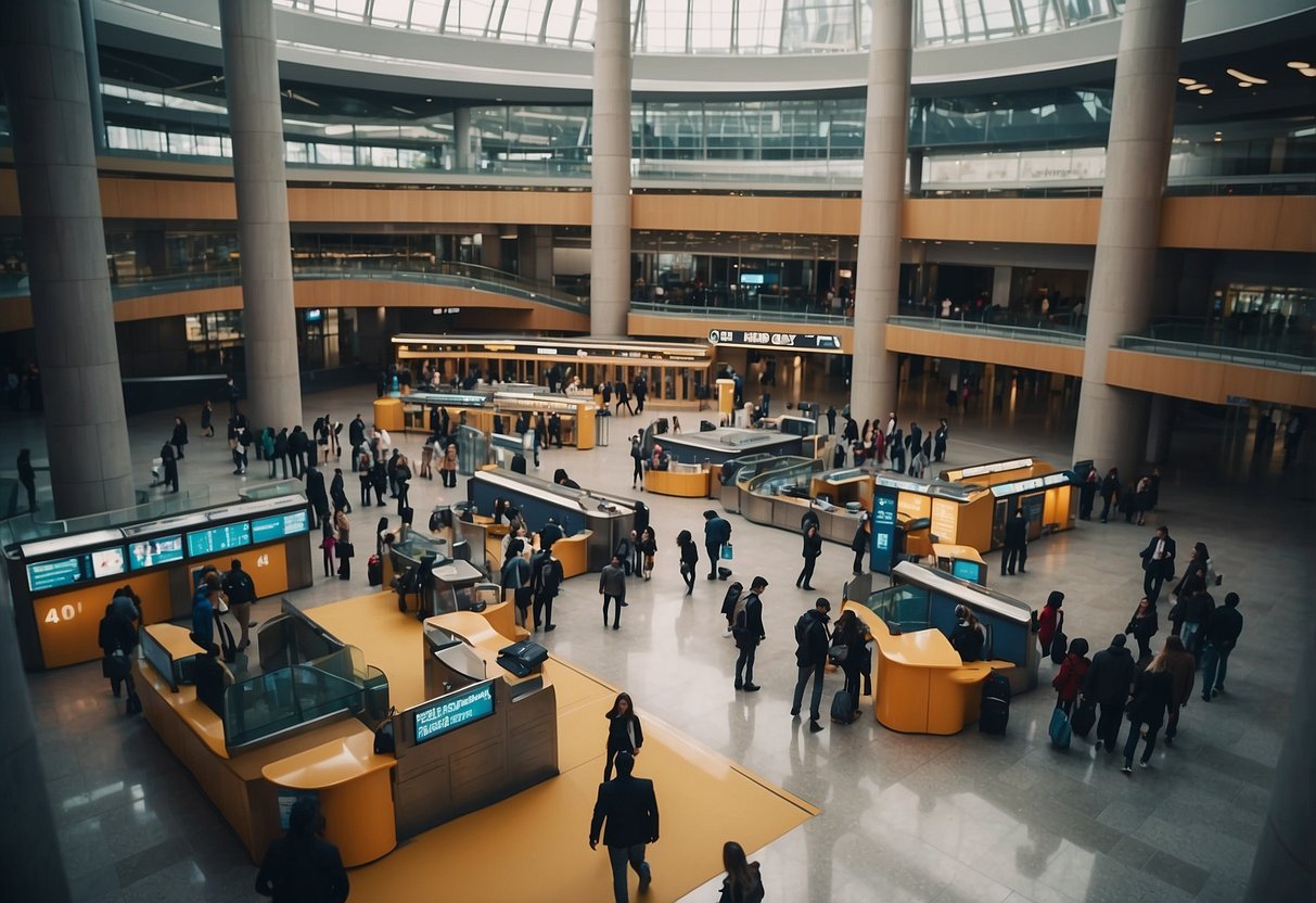 A bustling government center with people lining up at information desks, colorful signs, and a busy atmosphere