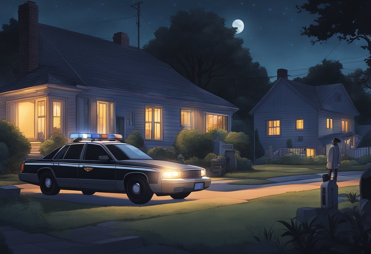 A dark figure stands in front of a suburban house at night, with police cars parked outside and flashing lights illuminating the scene