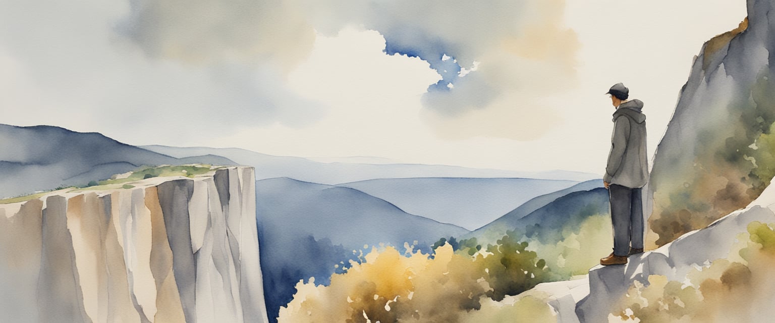 A figure stands at the edge of a cliff, gazing out at a daunting landscape. Their body is tense, but their eyes show determination