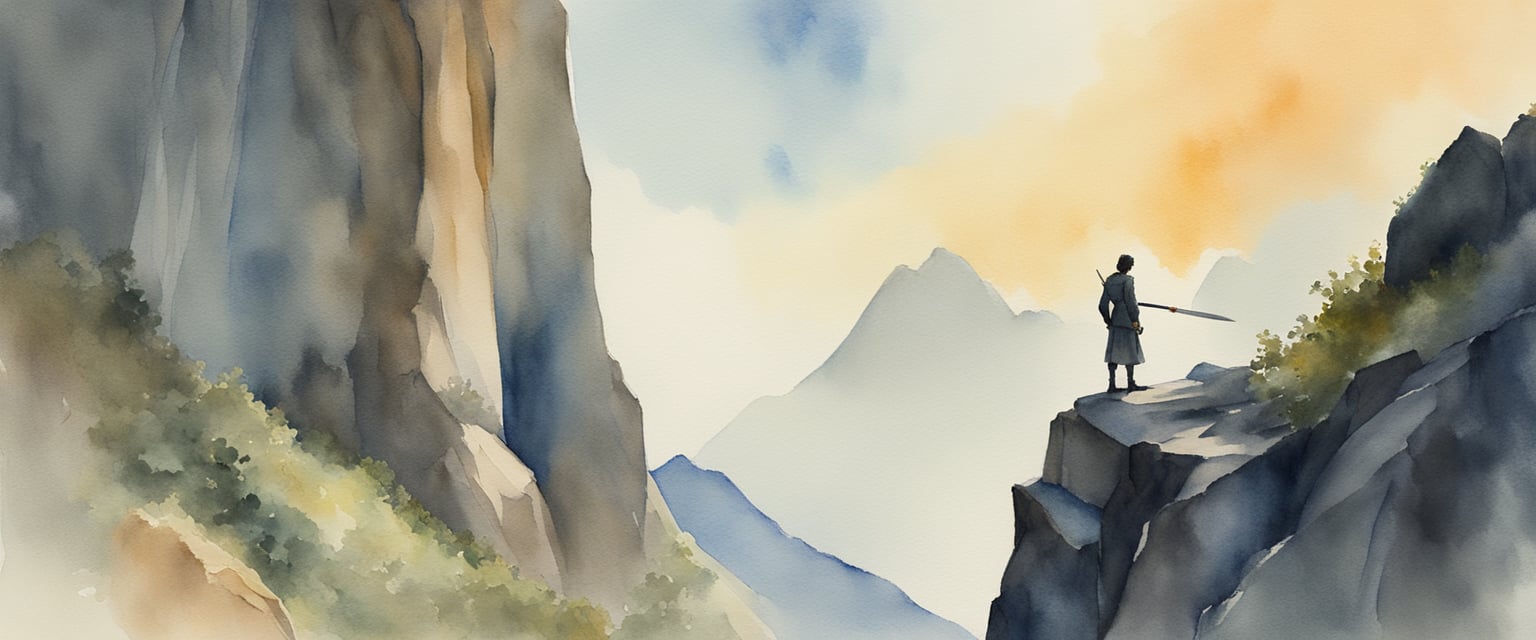 A figure stands at the edge of a cliff, facing a daunting chasm. They hold a sword in one hand, ready to battle the fear of failure looming before them