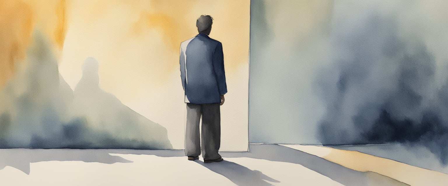A figure standing tall, facing a looming shadow of failure. Light shines from within, casting the shadow into insignificance