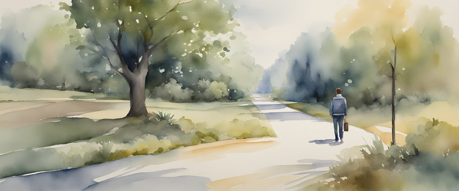 A figure stands at a crossroads, one path cluttered with obstacles, the other clear and inviting. The figure hesitates, torn between perfectionism and fear of failure