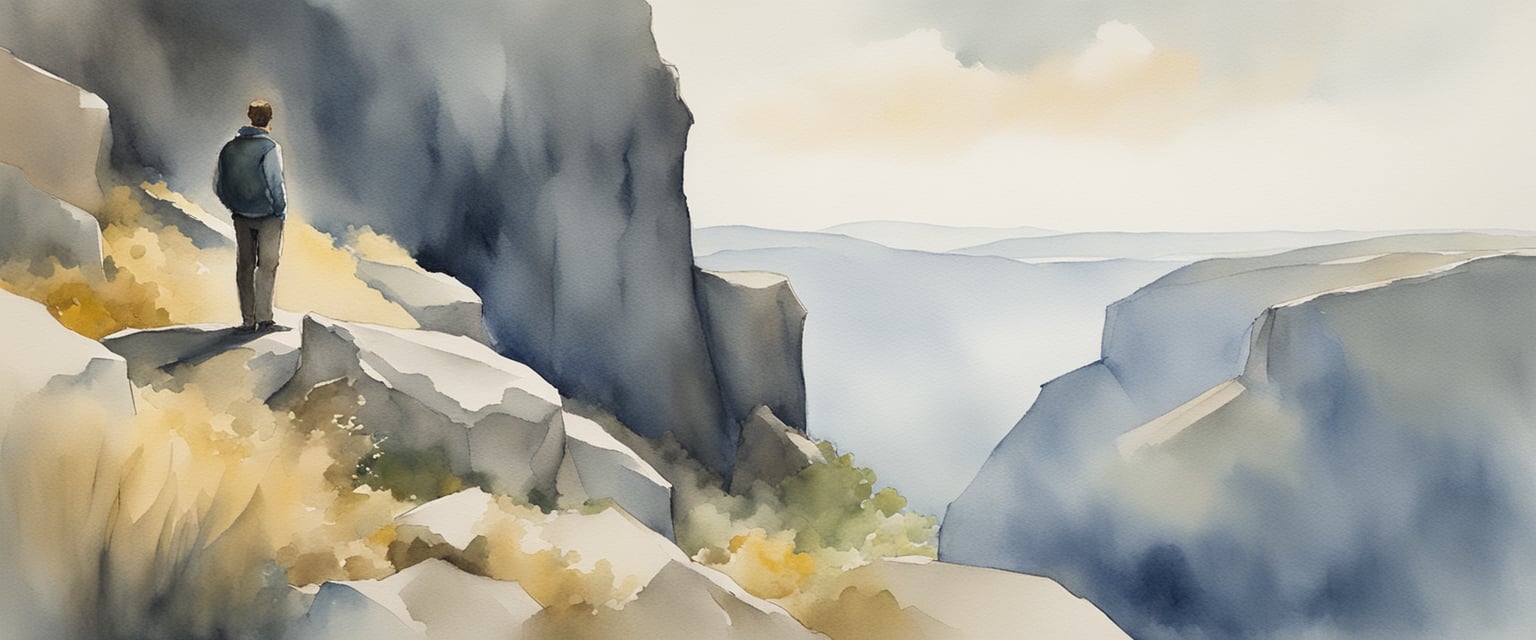 A figure standing at the edge of a cliff, gazing out at a daunting landscape. The figure's posture exudes determination and resilience, symbolizing the fight against fear of failure