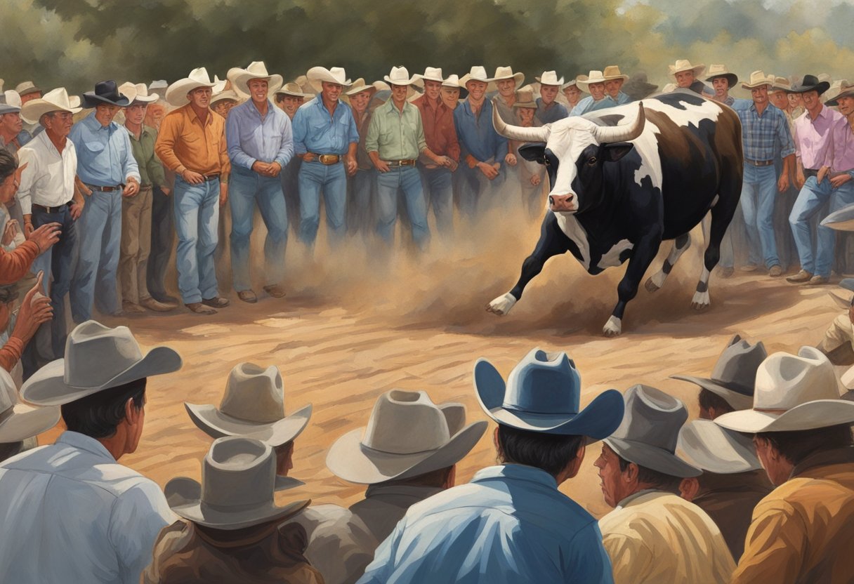 Lane Frost fell from a bull, his body motionless on the ground, surrounded by concerned onlookers