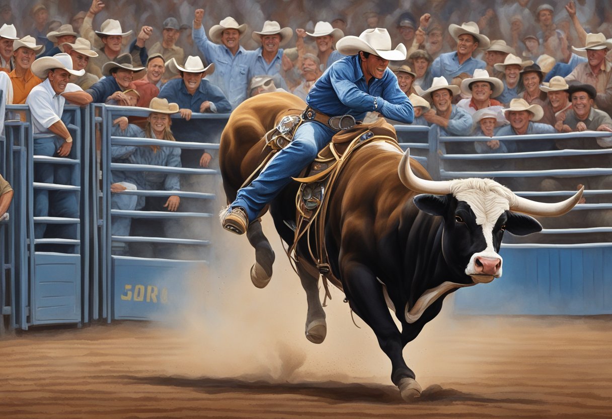 Lane Frost's iconic bull riding victories and championship titles are celebrated with a crowd cheering in the arena