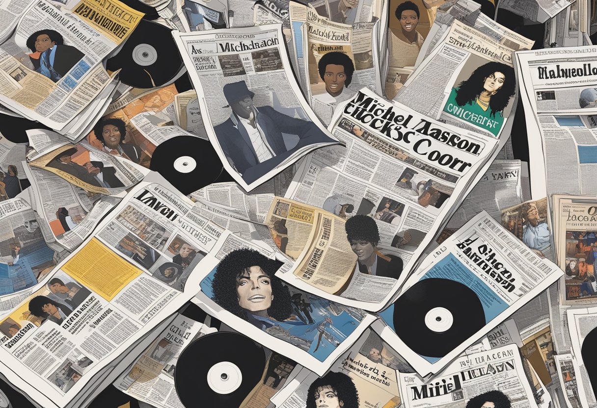 A spotlight shines on a pile of newspapers and tabloid articles, all featuring headlines about Michael Jackson's changing skin color. The papers are surrounded by a crowd of camera flashes and microphones, symbolizing the intense media and public scrutiny surrounding the issue