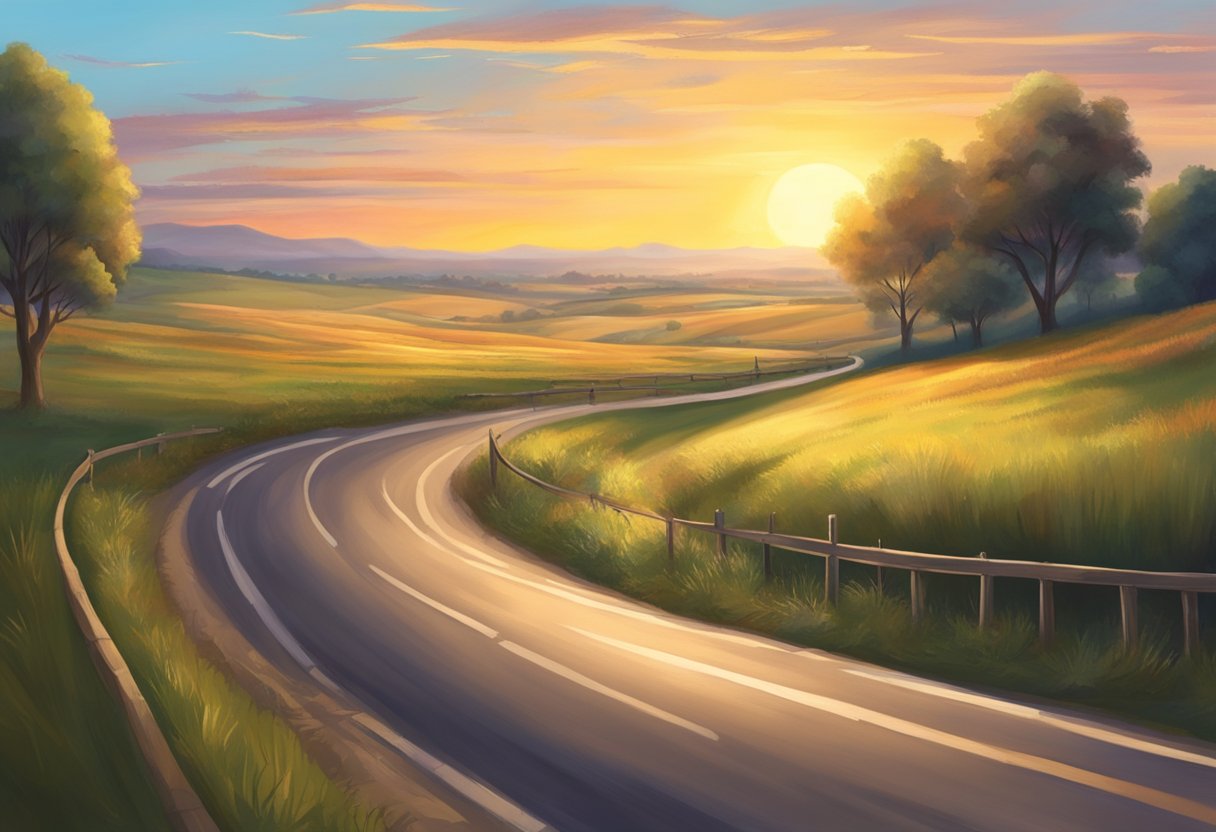 A deserted road winds through a peaceful countryside, leading towards a distant hospital. The sun sets in the horizon, signifying hope and healing