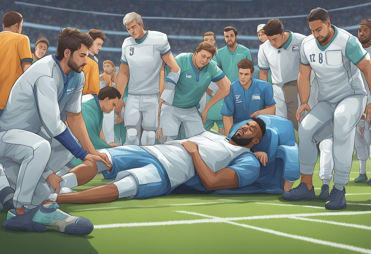 A football field with a player lying on the ground in pain, surrounded by concerned teammates and medical staff