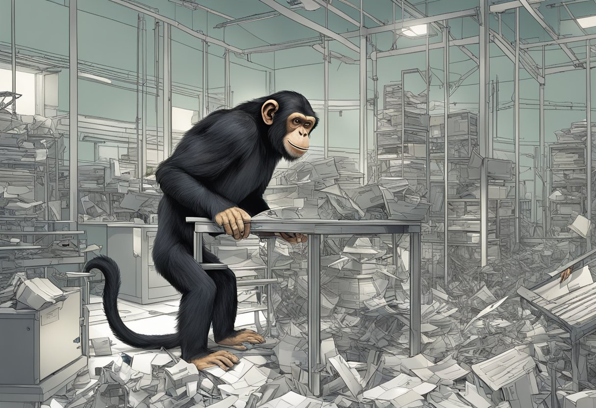 Will Rodman's lab in disarray, broken equipment and scattered papers. A chimp escapes from a cage, causing chaos