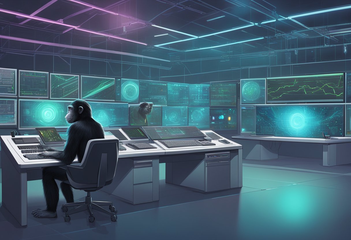 A lab filled with glowing screens and futuristic equipment, a chimpanzee in a high-tech enclosure, and a scientist studying data with a look of amazement