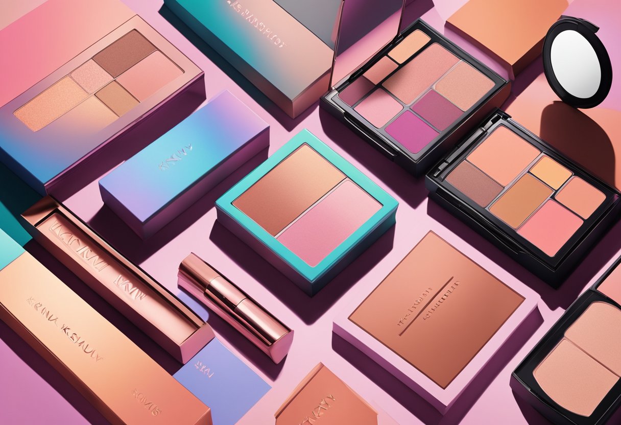 KKW Beauty's logo fades into the background as a new, vibrant brand emerges. Products are rebranded and relaunched, capturing attention with bold colors and sleek packaging