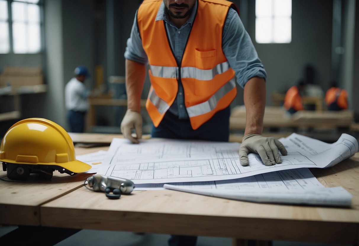 A construction site with workers, equipment, and materials. Blueprints and contracts on a table. A supervisor overseeing the progress