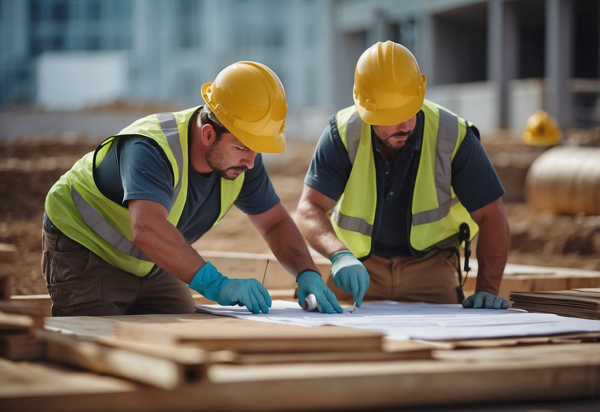 A construction site with workers preparing materials and equipment, surrounded by blueprints and paperwork for public contracts