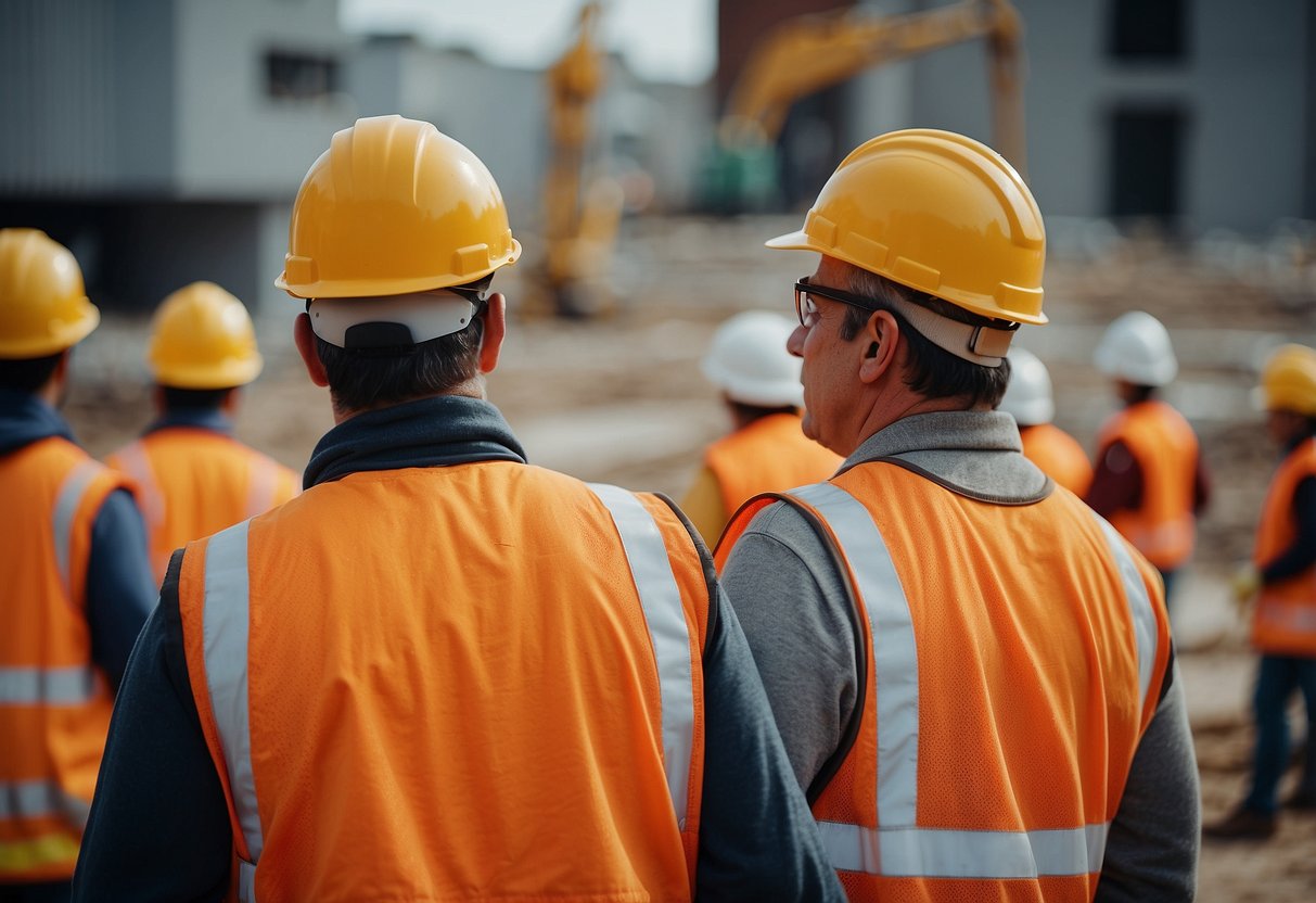 A construction site with workers following safety protocols and guidelines for public contracts