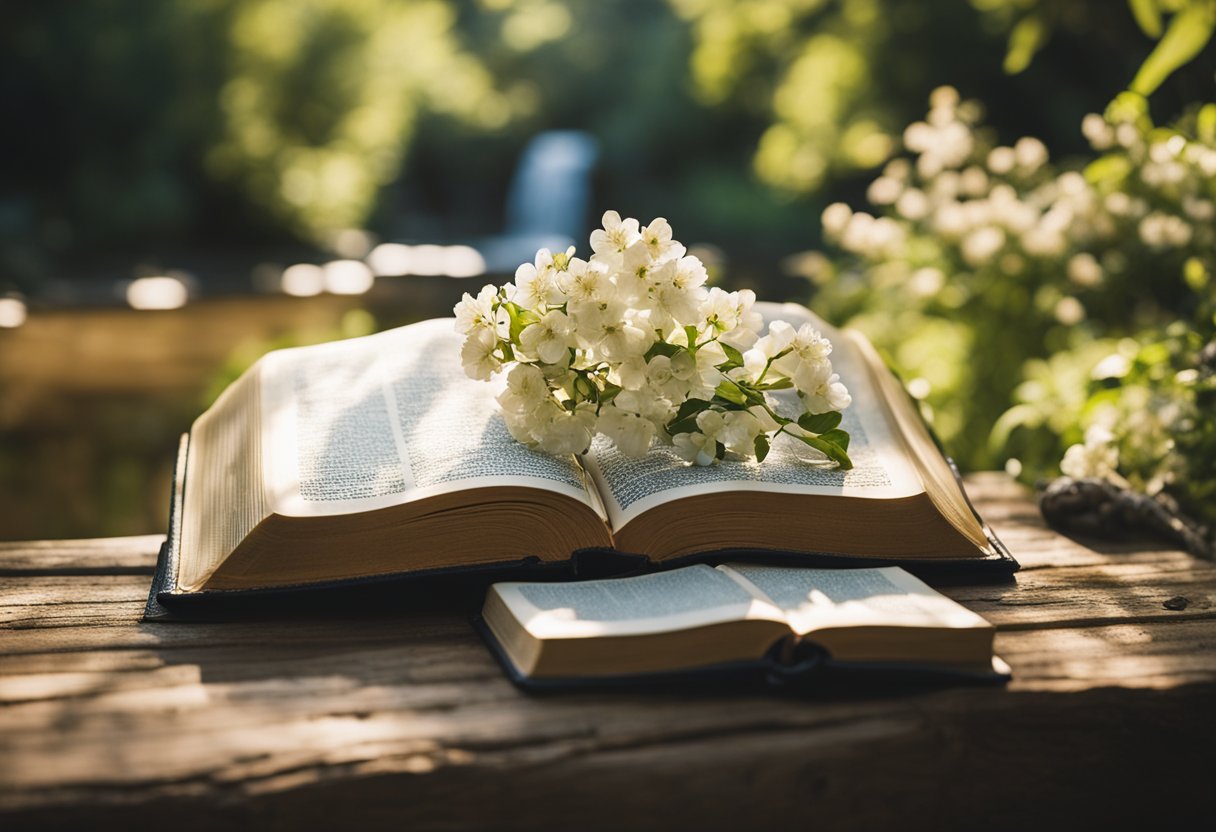 A serene garden with blooming flowers and a peaceful stream, surrounded by lush greenery and bathed in warm sunlight. A Bible open on a wooden bench, with a prayer book and rosary nearby