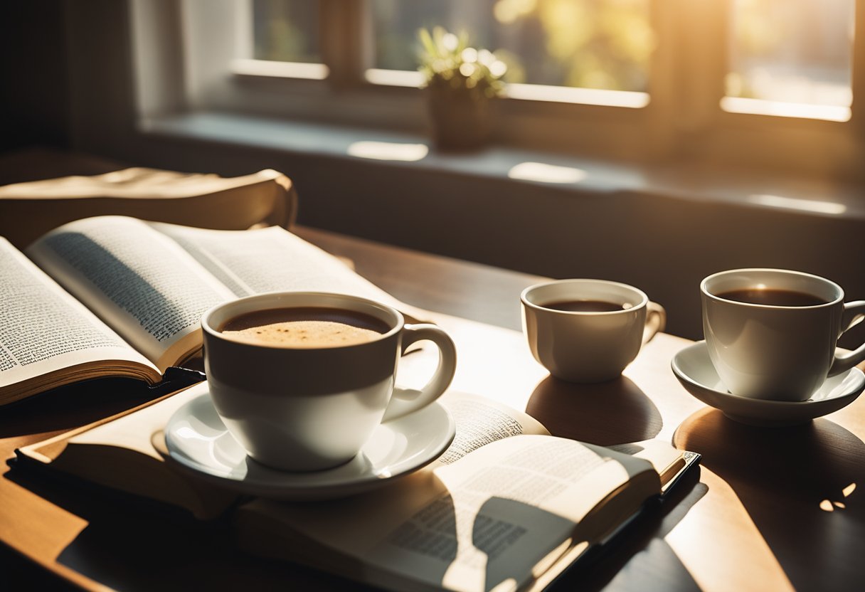 A table with an open Bible, a cup of coffee, and a journal. Sunlight streams in through a window, casting a warm glow on the scene