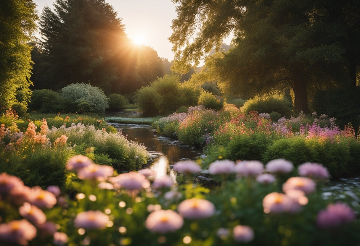 A serene garden with a peaceful stream, surrounded by vibrant flowers and tall trees. The sun is setting, casting a warm glow over the scene