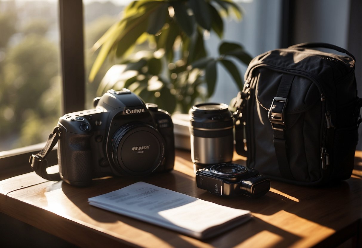 A camera bag, tripod, and checklist lay on a table near a window. Sunlight streams in, casting shadows on the items