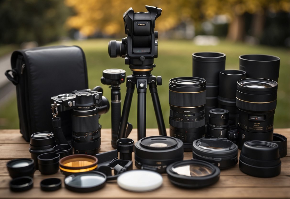 A real estate photographer's exterior preparation checklist: tripod, camera, lens, cleaning supplies, and lighting equipment