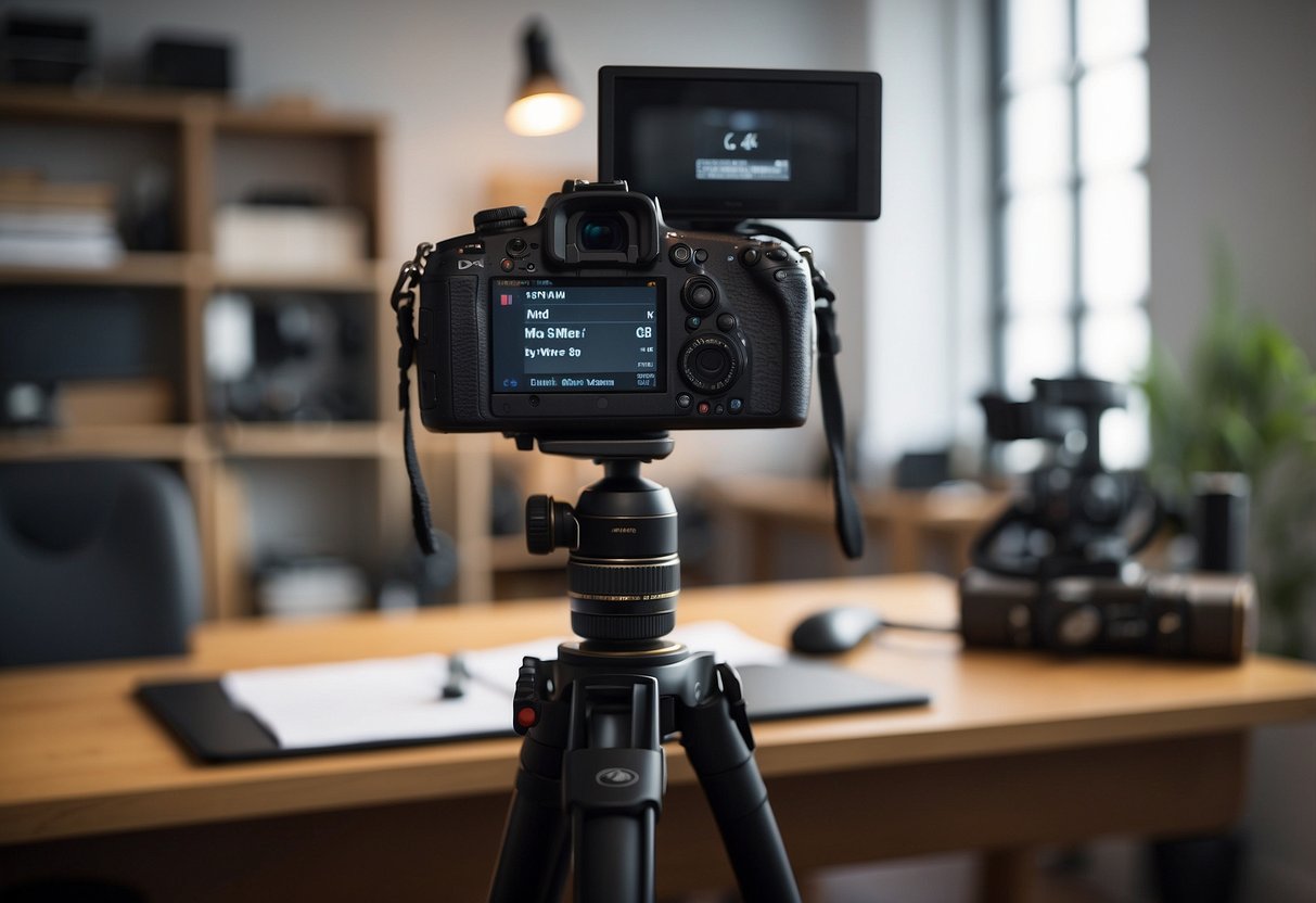 A desk with camera, tripod, and lighting equipment set up in a tidy, well-lit room. Checklist and camera settings displayed on a computer screen