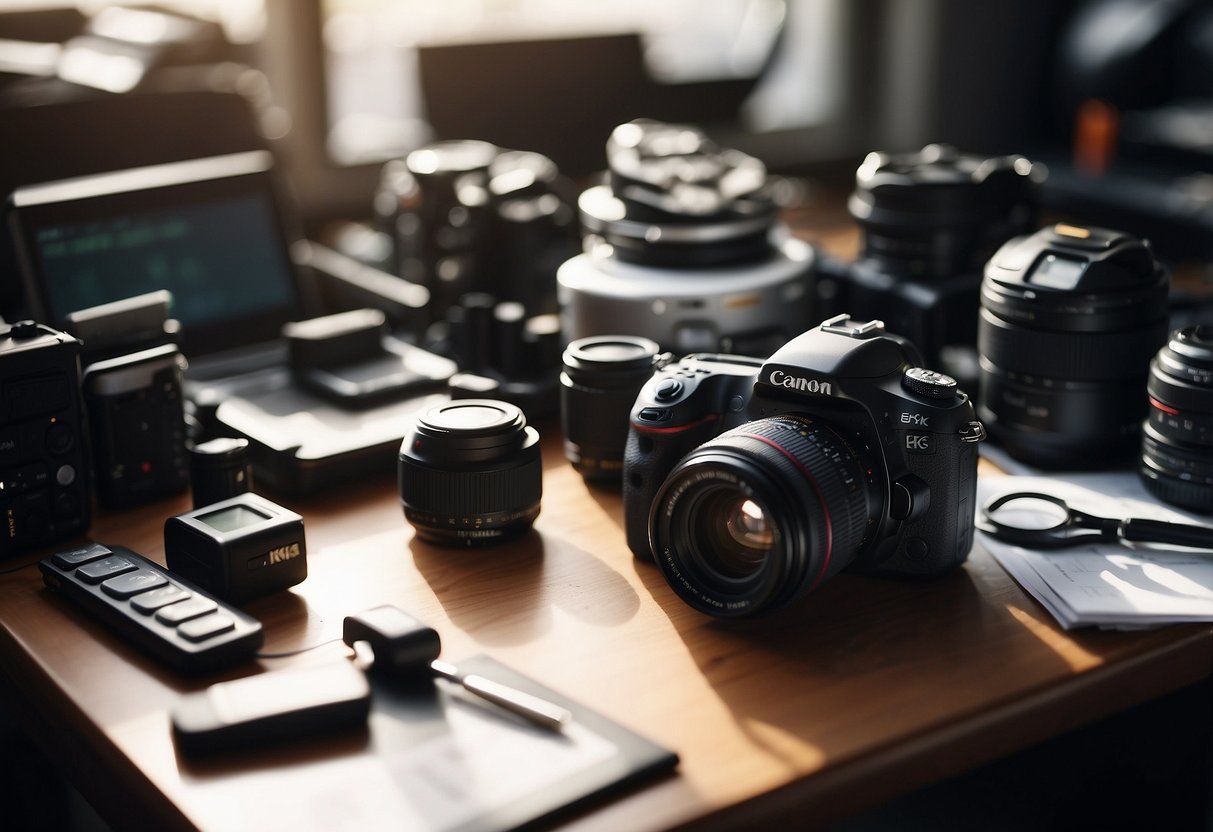 A cluttered desk with camera gear, checklist, and keys. Bright window light illuminates the organized chaos