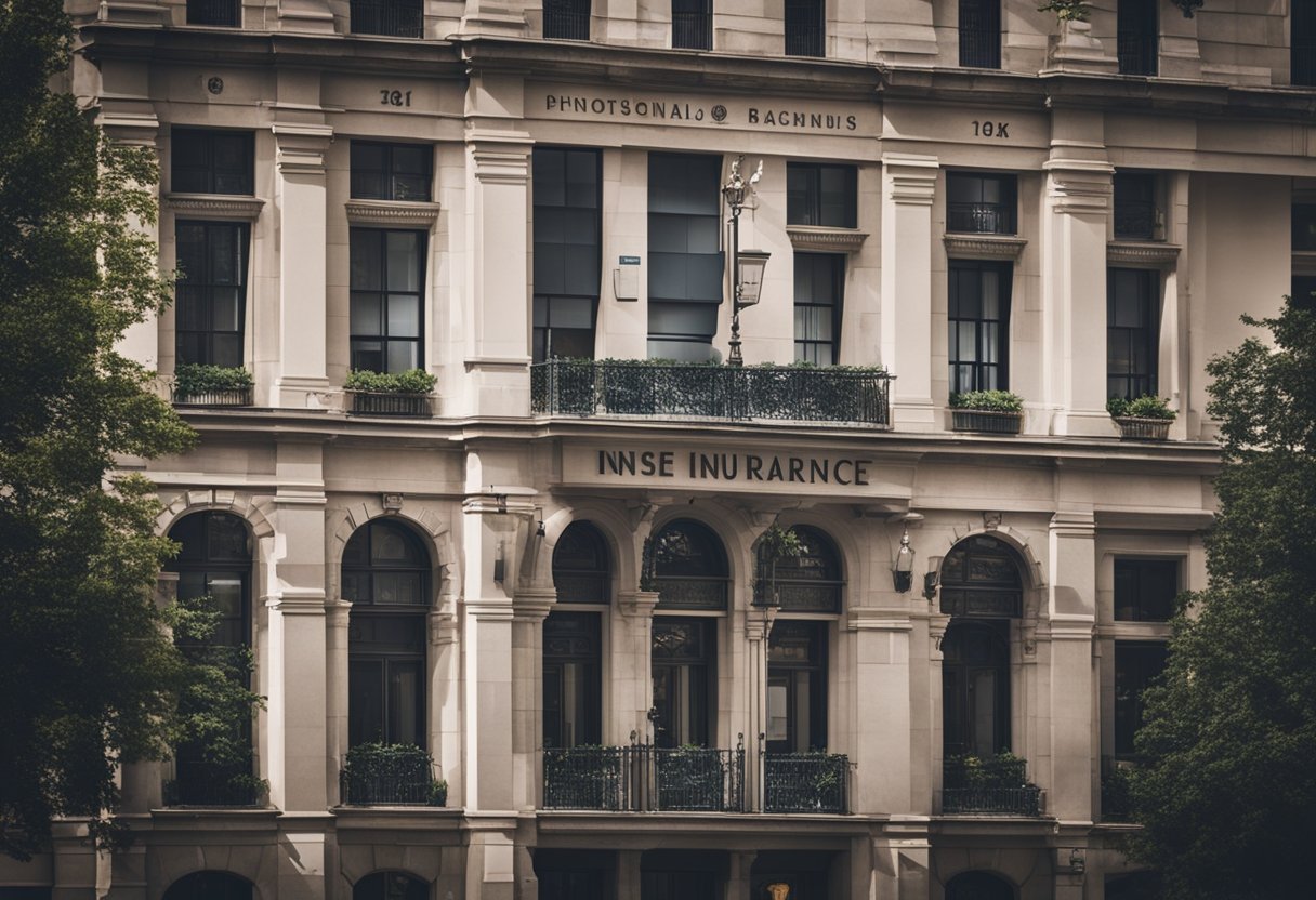 A bustling city street with a mix of modern and historic buildings, featuring a prominent insurance office with a recognizable logo