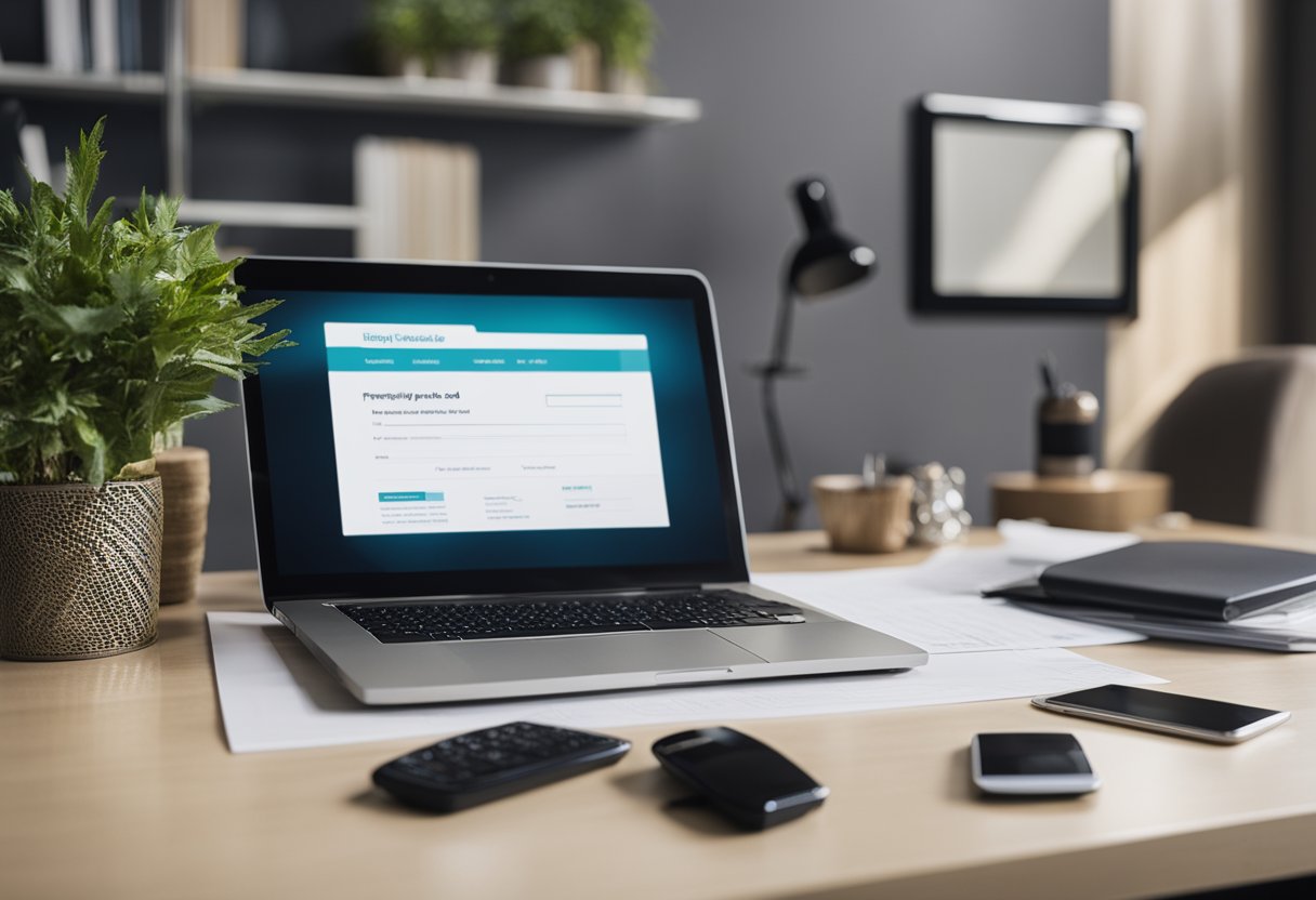 A desk with a computer, phone, and paperwork. A sign on the wall reads "Frequently Asked Questions Insurance in Canada."