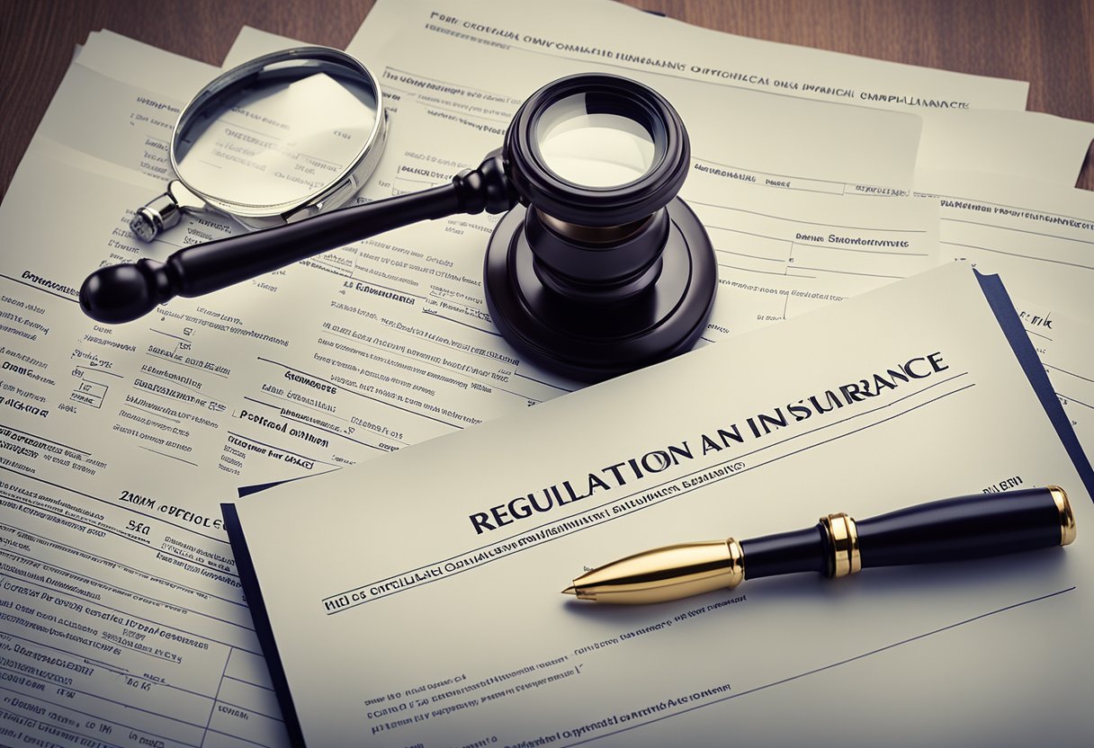 A stack of official documents with "Regulation and Compliance Insurance in UK" printed on top, surrounded by a magnifying glass, a scale, and a gavel