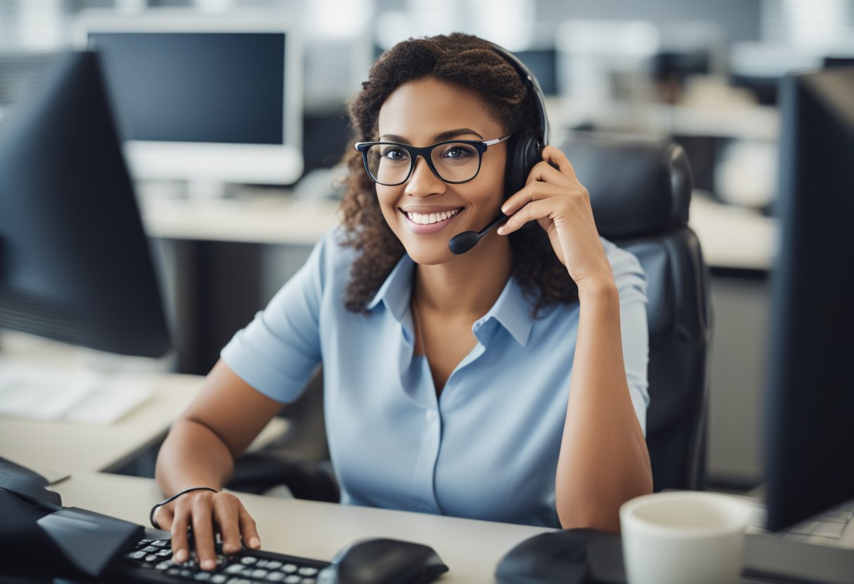 A customer service representative answering phone calls and emails about insurance policies in a busy office setting