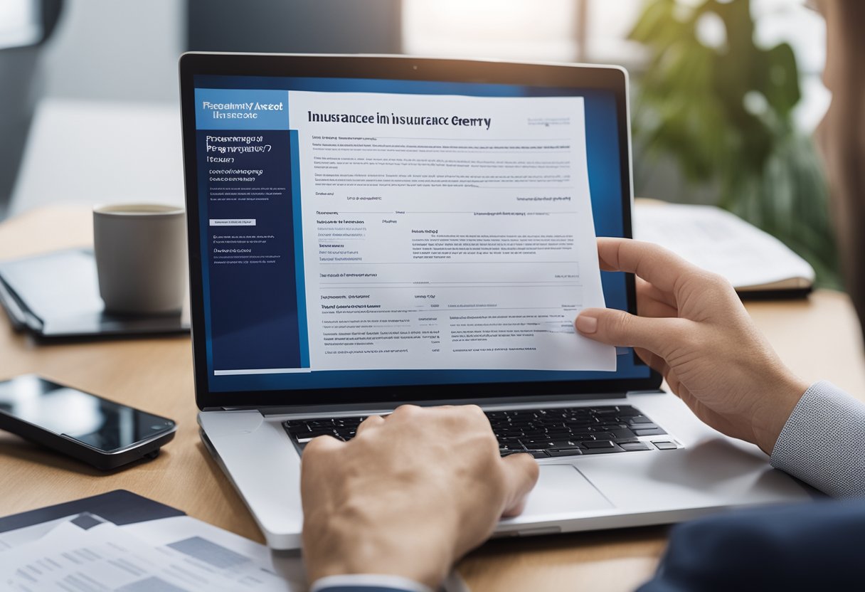 A person reading a brochure on "Frequently Asked Questions Insurance in Germany" with a puzzled expression, surrounded by various insurance-related documents and a laptop