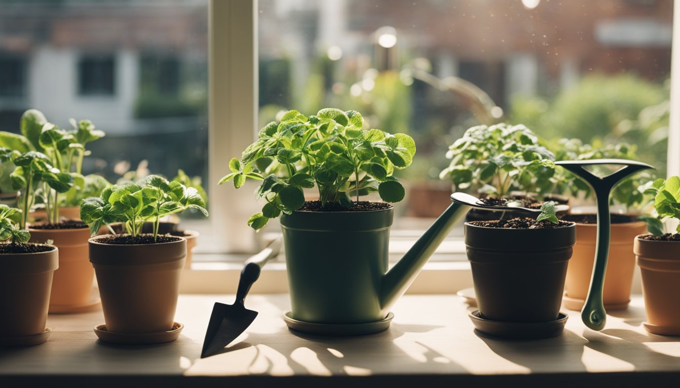 Pelargonium care scene: watering, pruning, repotting. Sunlit window, watering can, soil, scissors, and plant pots