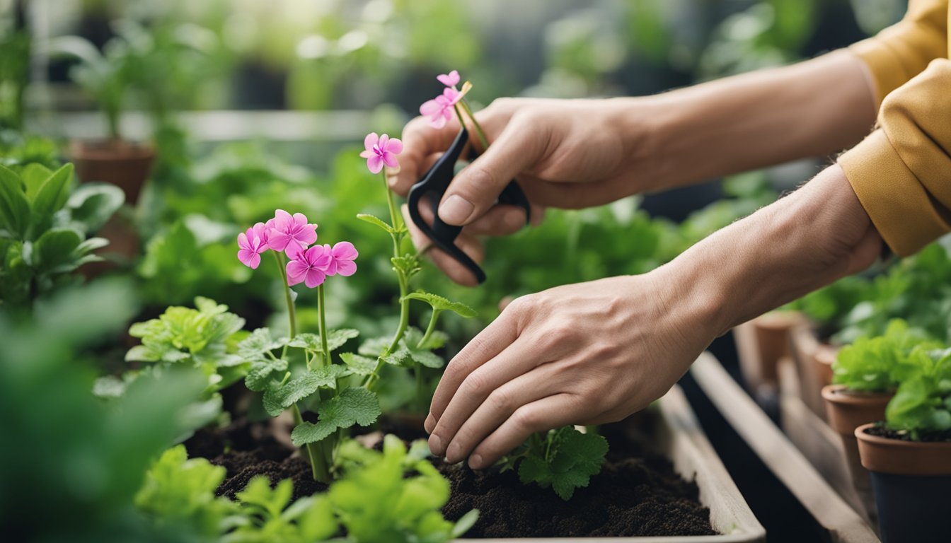 A pair of hands carefully pruning and caring for a vibrant Pelargonium (Muskátli) plant, surrounded by gardening tools and potted plants