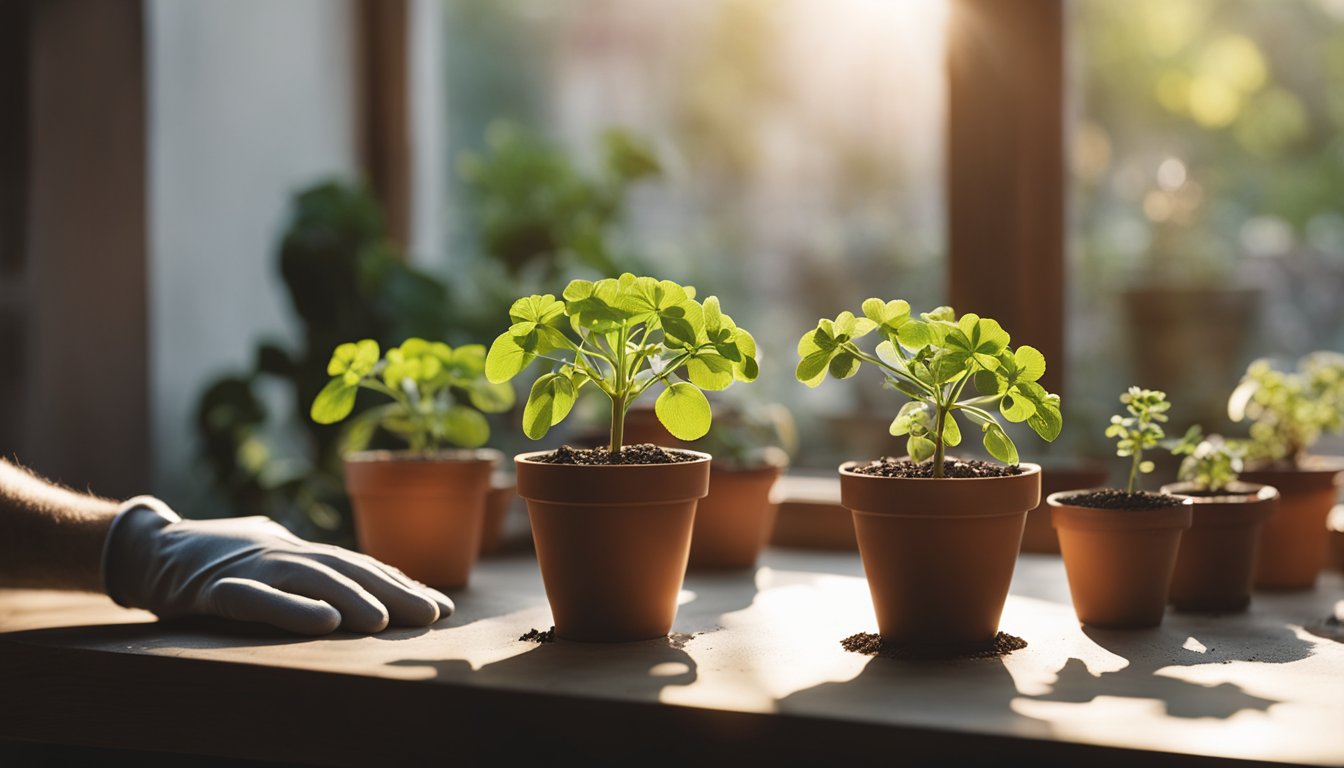 A hand holding a small pelargonium plant over a table with various pots and soil. A pair of gardening gloves and a trowel are nearby. Sunlight streams in through a nearby window