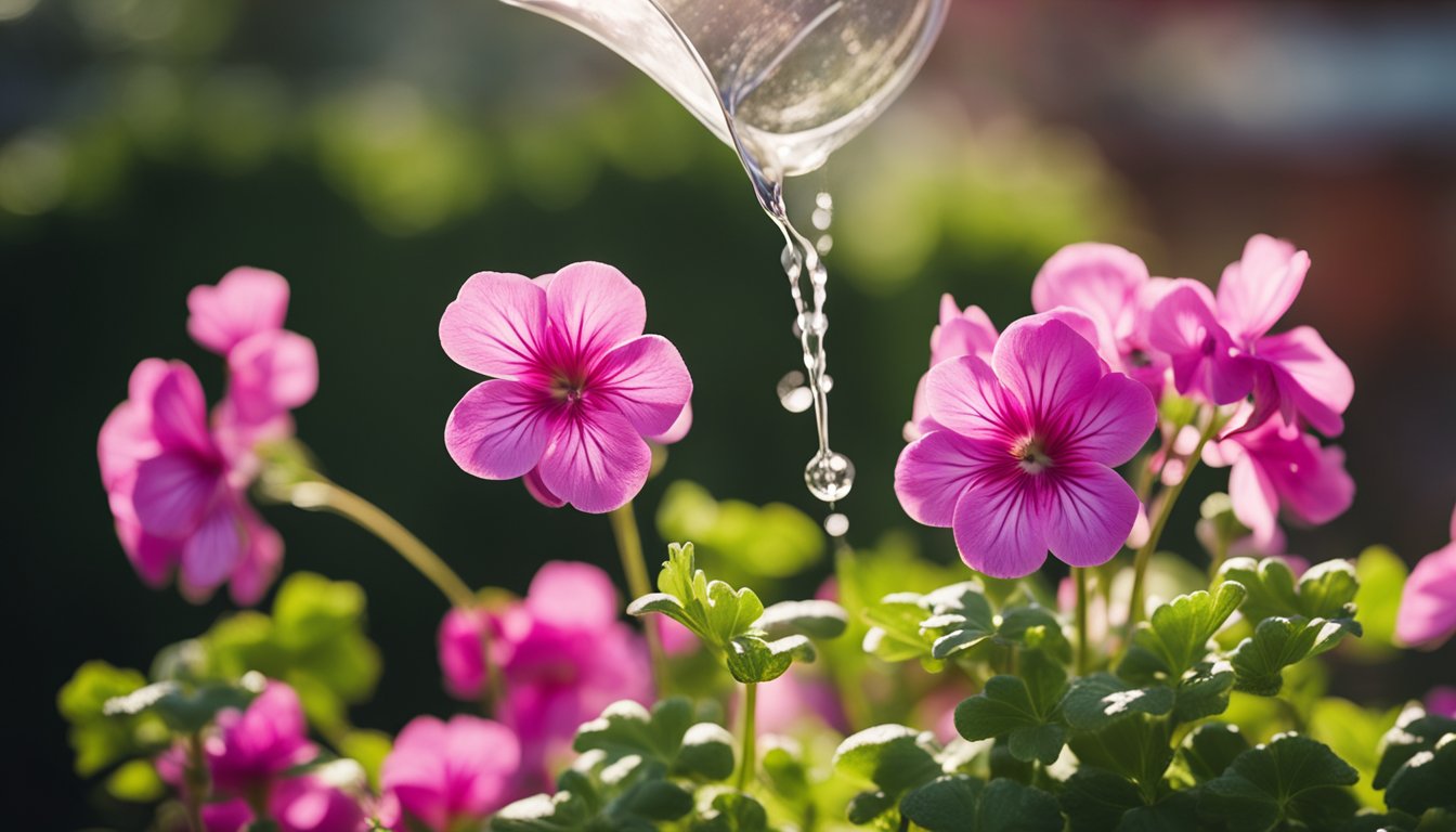 A vibrant pelargonium plant being watered with a watering can in a well-maintained garden setting