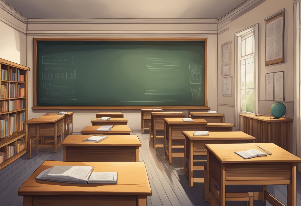 A classroom with rows of desks, a chalkboard at the front, and historical educational materials on the walls