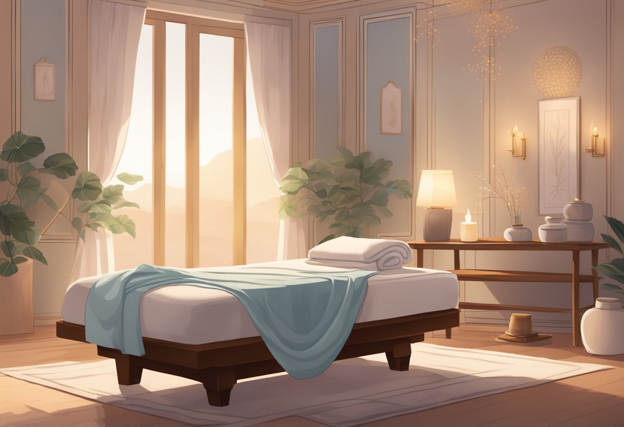 A serene room with soft lighting and calming music, a massage table draped in luxurious linens, and subtle incense filling the air