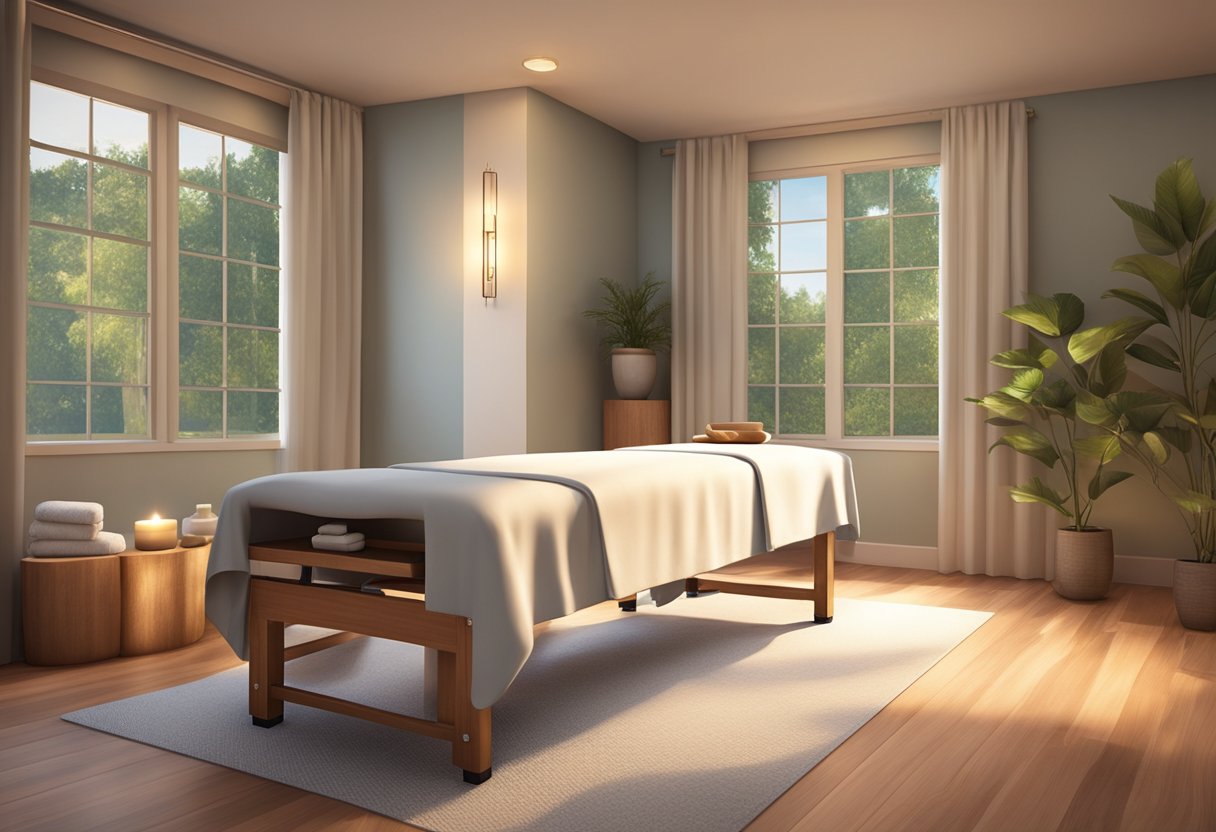 A serene massage room with soft lighting, calming music, and a comfortable massage table. Aromatic oils and soothing decor create a tranquil atmosphere