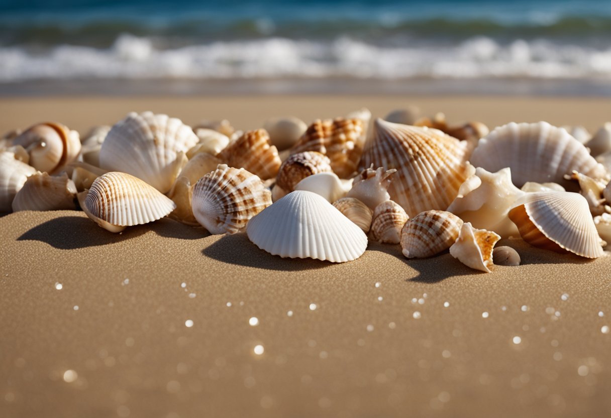 A collection of exotic seashells scattered on a sandy beach, with waves gently washing over them and the sun casting a warm glow