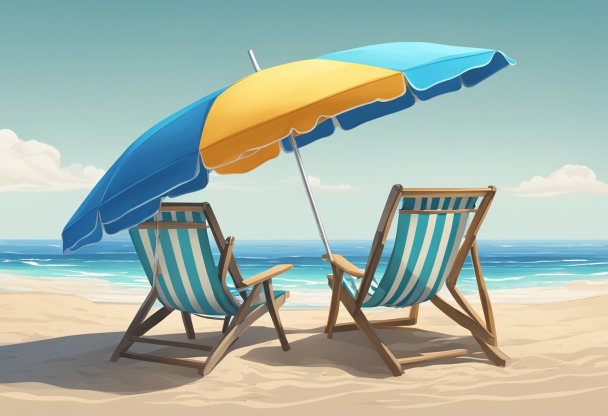 Two low beach chairs facing the ocean, nestled in the sand with a bright umbrella overhead and Why Are Beach Chairs So Low to the Ground?