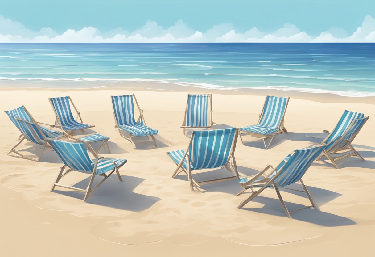 A sandy beach with low beach chairs arranged in a circle, surrounded by calm waves and a clear blue sky. Why Are Beach Chairs So Low to the Ground?