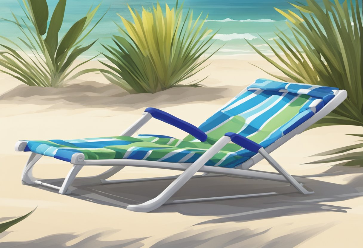 A beach chair sits low to the ground, offering stability and comfort. The wide, sturdy base provides support, while the reclined back allows for relaxation