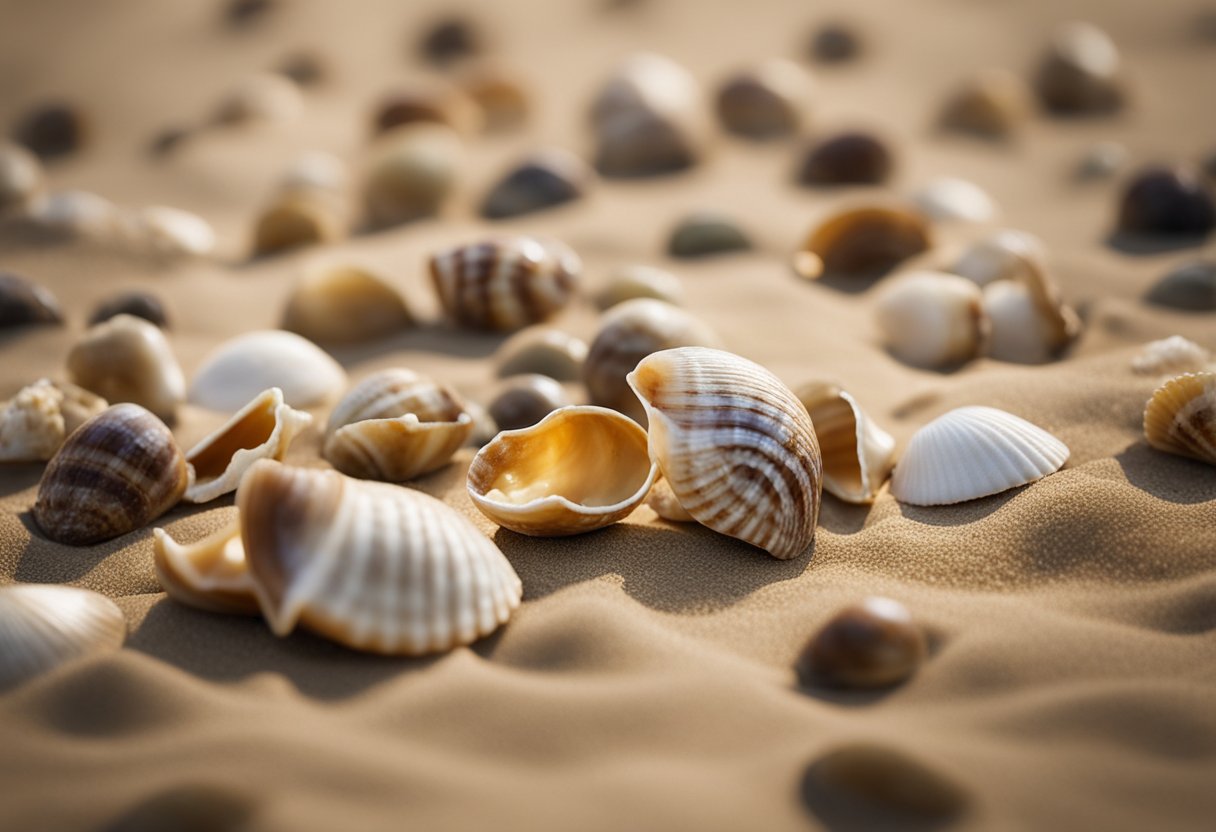 A collection of olive shell exotic seashells scattered on a sandy beach, with waves gently washing over them