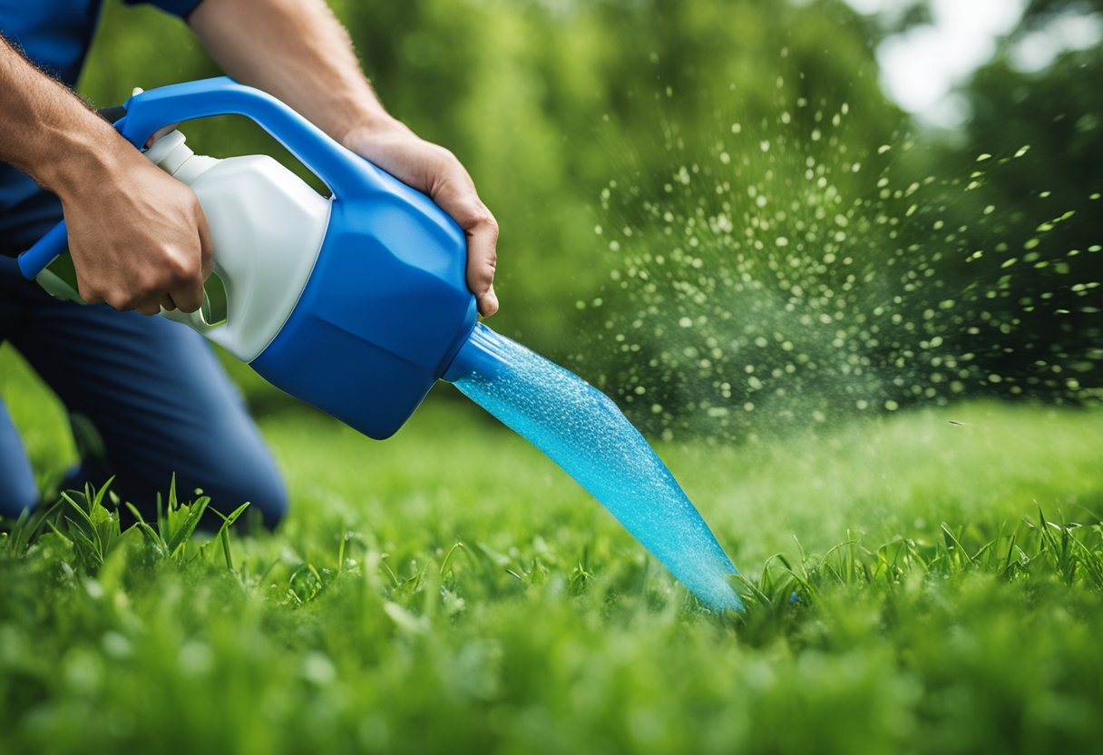 Adblue being poured onto a grassy area with a sprayer nearby, controlling emissions and preventing weed growth