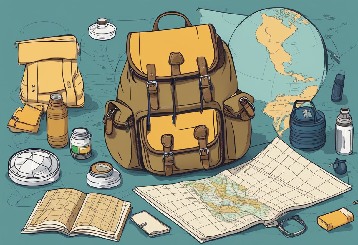 A neatly packed backpack with only essential items, surrounded by a map, compass, and travel guide